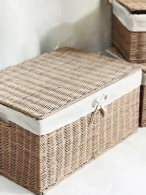 3-Piece Handwoven Seagrass Basket Set with Lids and Decorative Ribbons