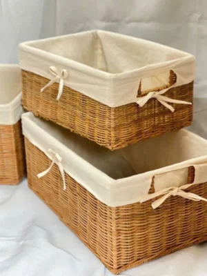 Set of 3 Woven Seagrass Baskets with Fabric Liner and Ribbon – Natural & Elegant