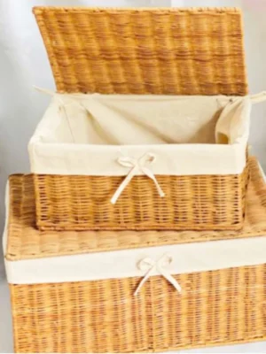 3-Piece Handwoven Water Hyacinth Basket Set with Lids and Decorative Ribbons