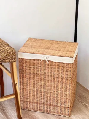 Rectangular Wicker Basket with Lid and Cotton Lining with Ribbon