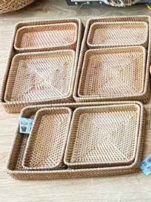 Set of 3 Natural Rattan Serving Trays