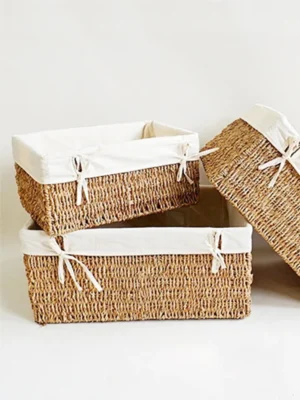 Water Hyacinth Basket with Iron Frame and Fabric Lining - 30x25x13cm