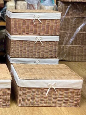 3-Piece Handwoven Water Hyacinth Basket Set with Lids and Decorative Ribbons