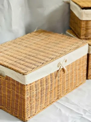 3-Piece Handwoven Seagrass Basket Set with Lids and Decorative Ribbons